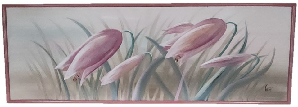Ultra-Large impressionist pastel-toned floral still life 72x24. Wonderful piece. Circa 60's. Signed.: Title: Ultra-Large impressionist pastel-toned floral still life 72x24. Wonderful piece. Circa 60's. Signed. Description: Transport yourself back to the '60s. Beautifully composed serene pastel-toned f