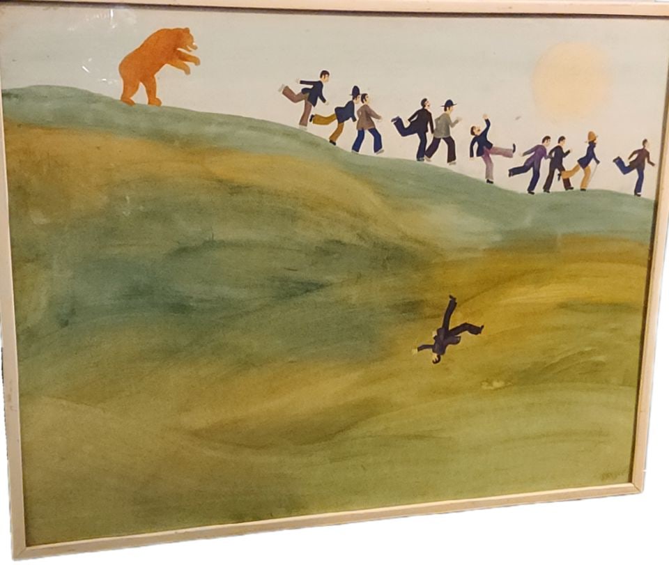 Yves Poyet Iconic Lithograph of 1970s Naive Folk Art Watercolor. Facsimile Signed.: Title: Yves Poyet Iconic Lithograph of 1970s Naive Folk Art Watercolor. Facsimile Signed. Description: Framed artwork is a lithograph of mid-century watercolor by the notable French Artist, Yves Poyet