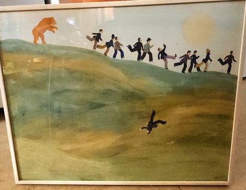 Yves Poyet Iconic Lithograph of 1970s Naive Folk Art Watercolor. Facsimile Signed. - 2