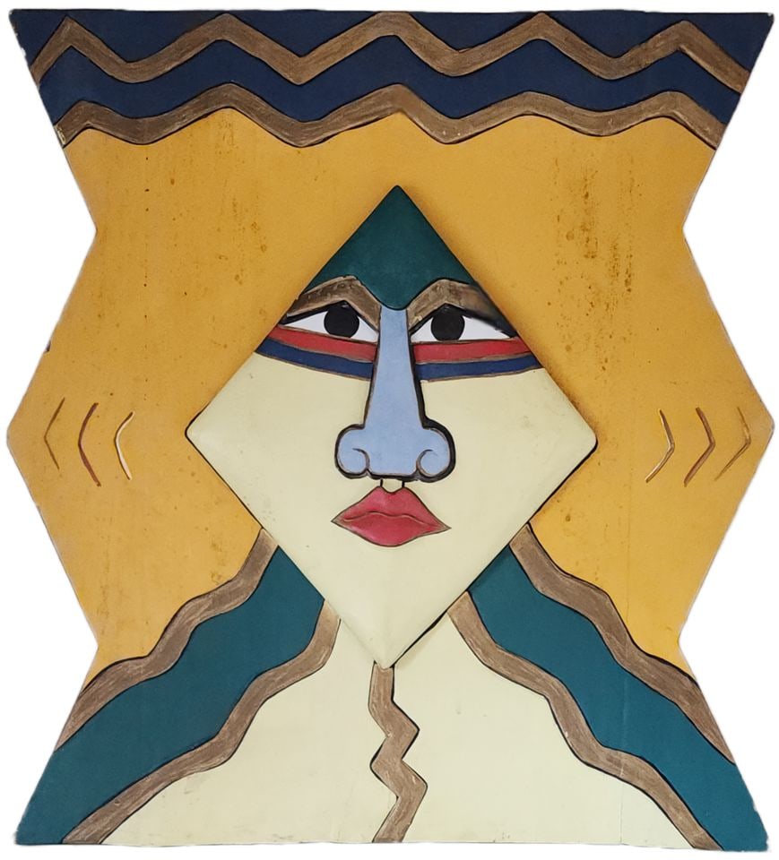 Rare Vintage Cubist wood & mixed-media wall sculpture by Joy Richardson, titled "The Spirit of a (1 of 5)
