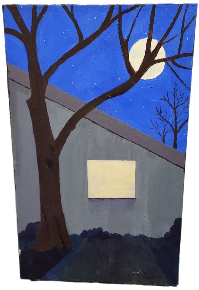 Vintage signed impressionist oil painting w/ the Moon against backdrop of bold contrasting (1 of 4)
