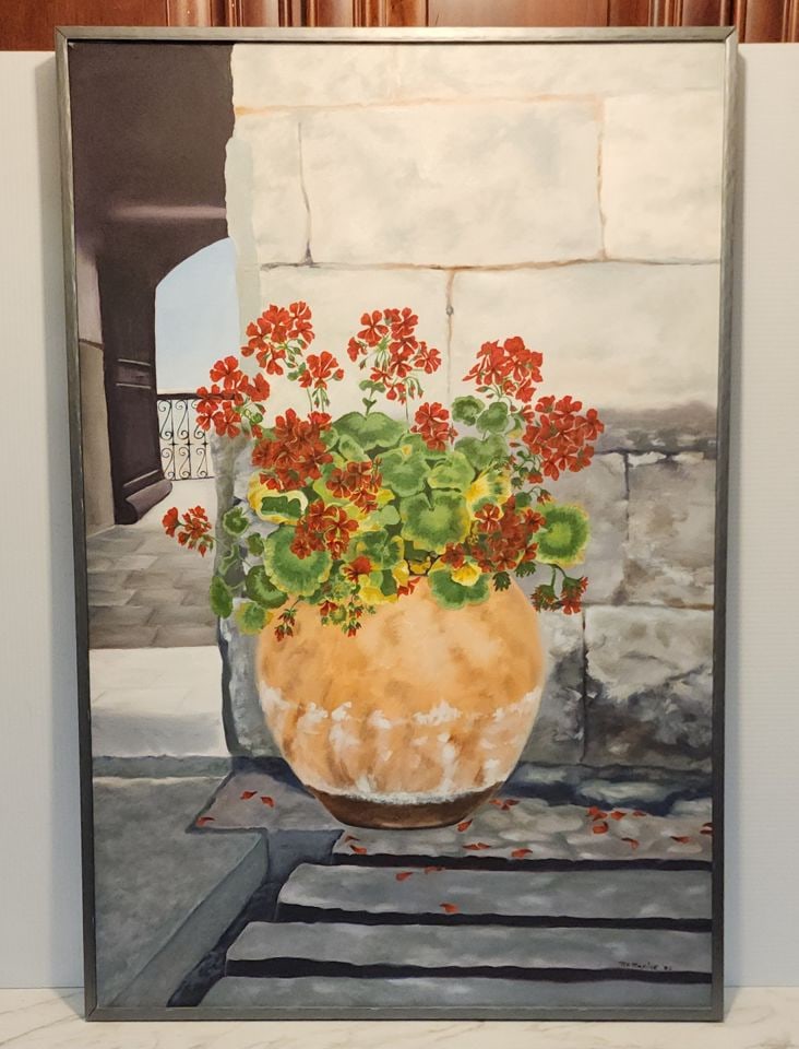 Signed Vintage floral still life expressionist oil painting with brilliant color palette (1 of 3)