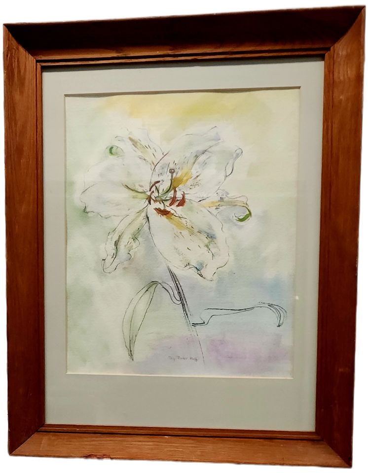 Polly Parker Hoff hand-signed vintage impressionist oil painting of white lilly framed under glass (1 of 3)
