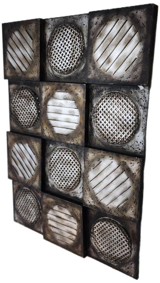 Vintage Brutalist Industrial-Style Metal Wall Sculpture w/ Contrasting Textures & Finishes. 30"x 36": Title: Vintage Brutalist Industrial-Style Metal Wall Sculpture w/ Contrasting Textures & Finishes. 30"x 36" Description: This striking metal wall art is a collection of square panels. Each panel has a