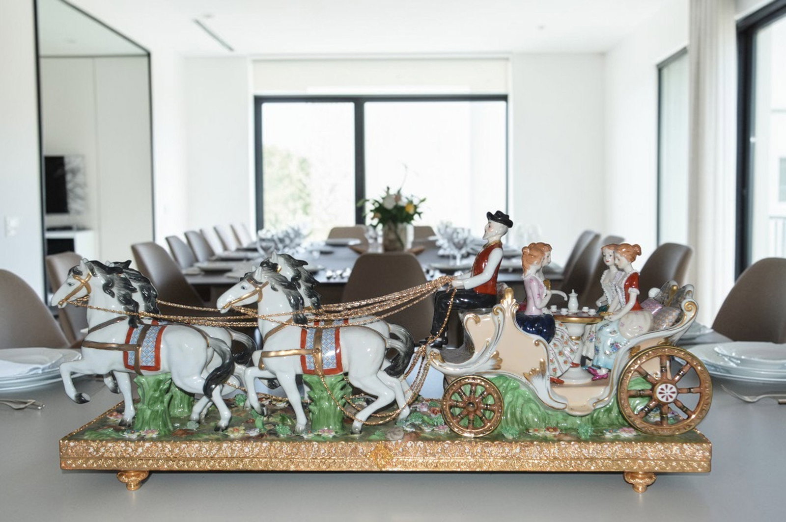 Porcelain Carriage with 4 young Girls Drinking Tea - Size: 41"L x 10"W x 18"H. - 2