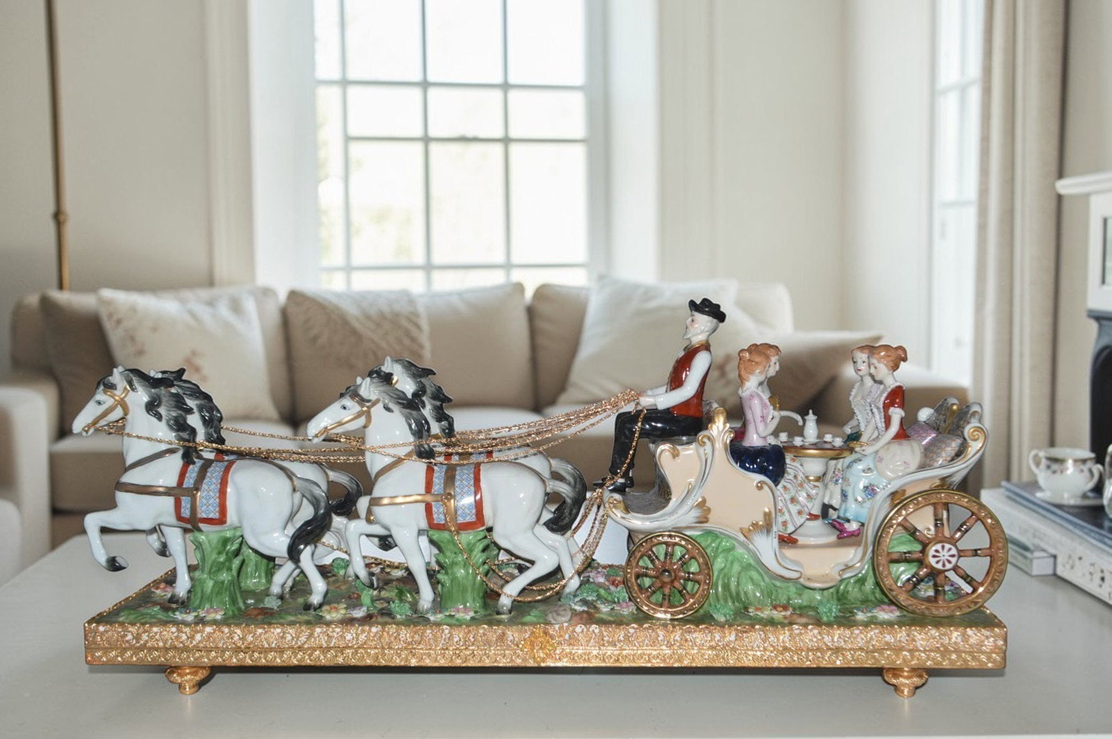 Porcelain Carriage with 4 young Girls Drinking Tea - Size: 41"L x 10"W x 18"H. - 3