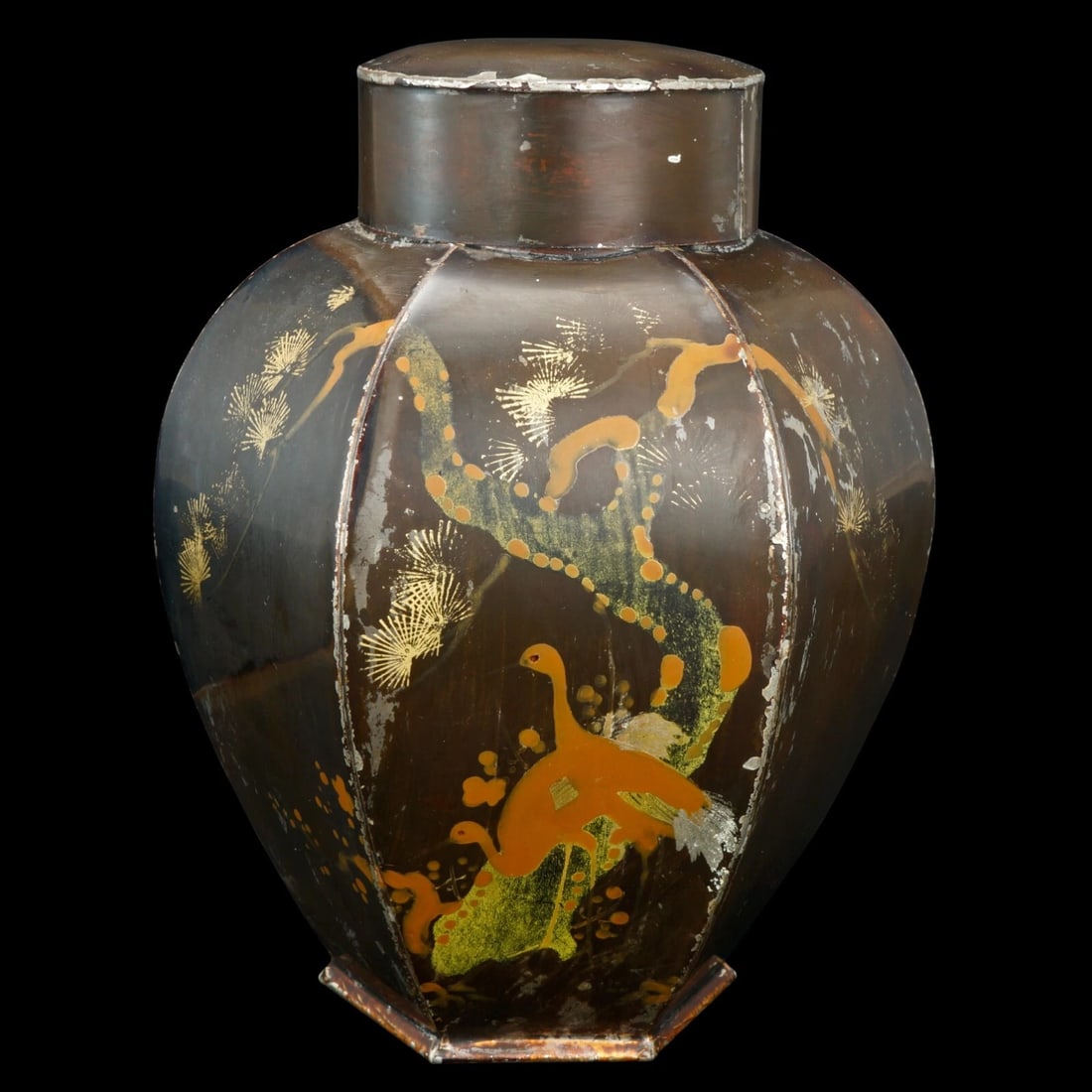 Late 19th C Japanese Hexagonal Tea Tin: Title:Late 19th C Japanese Hexagonal Tea Tin Size:5 ¼ in (13.3 cm) diameter x 7 ½ in (19.0 cm) tall. Description:An antique Japanese tea tin with an interesting hexagonal shape. The ligh