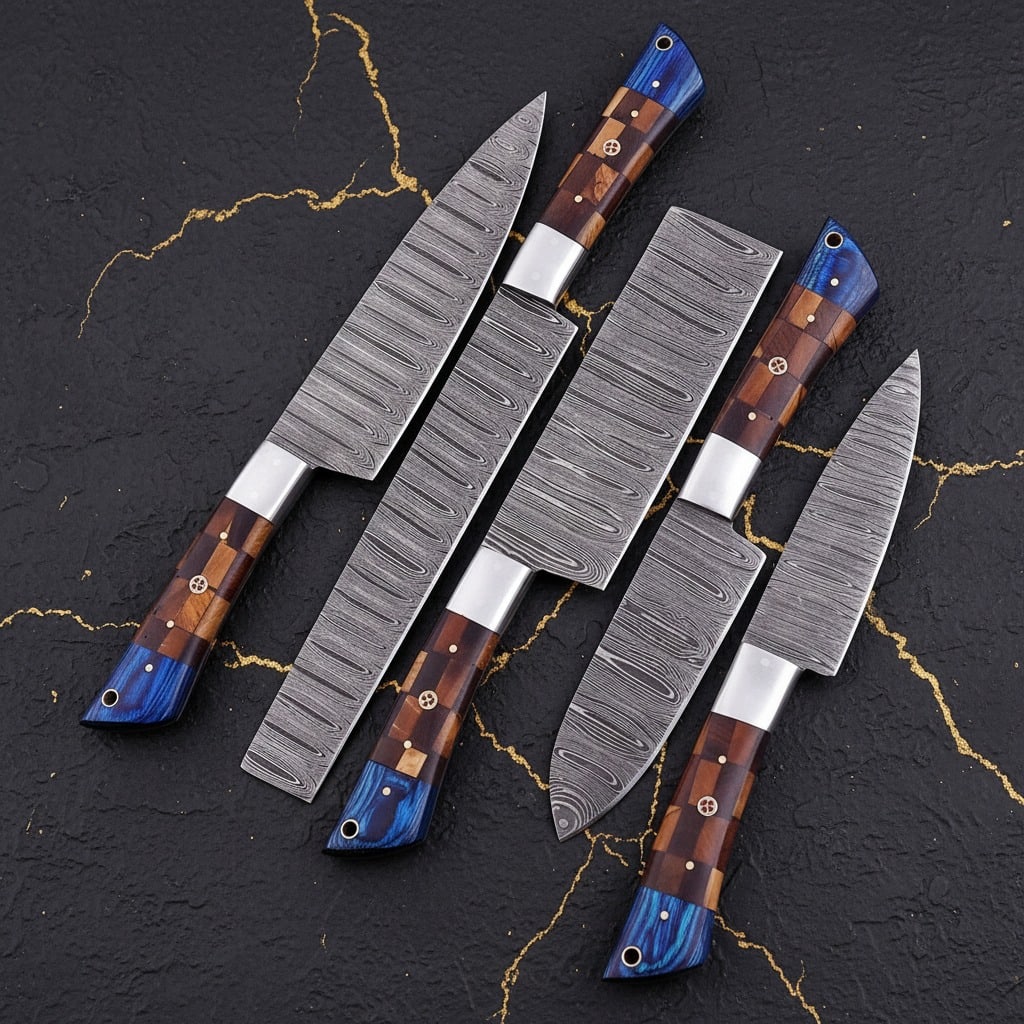 Hand-Forged Damascus Steel Chef Kitchen Knife Set, Blue Accent Blade (1 of 3)