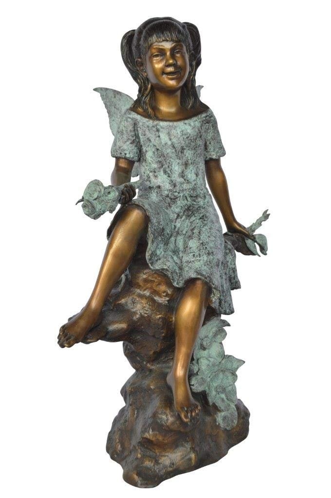 Angel girl sitting with a rose bronze statue - Size: 22"L x 27"W x 37"H.: Title:Angel girl sitting with a rose bronze statue - Size: 22"L x 27"W x 37"H. Description:This is a gorgeous statue of an angel sitting on a ledge, also made of bronze. At once tender and powerful,
