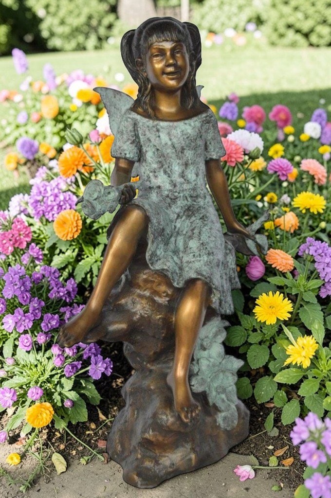 Angel girl sitting with a rose bronze statue - Size: 22"L x 27"W x 37"H. - 2