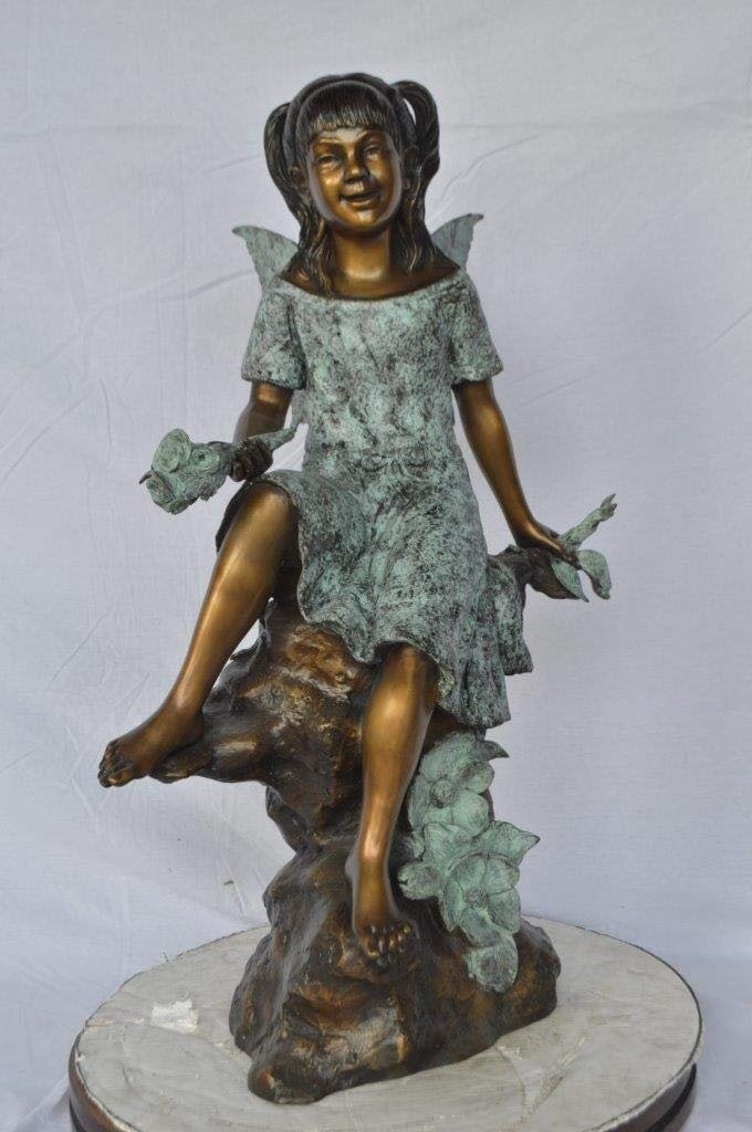 Angel girl sitting with a rose bronze statue - Size: 22"L x 27"W x 37"H. - 3