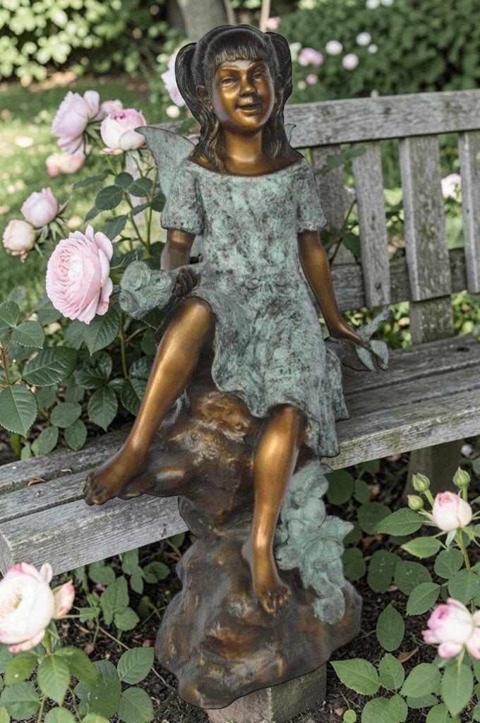 Angel girl sitting with a rose bronze statue - Size: 22"L x 27"W x 37"H. - 4