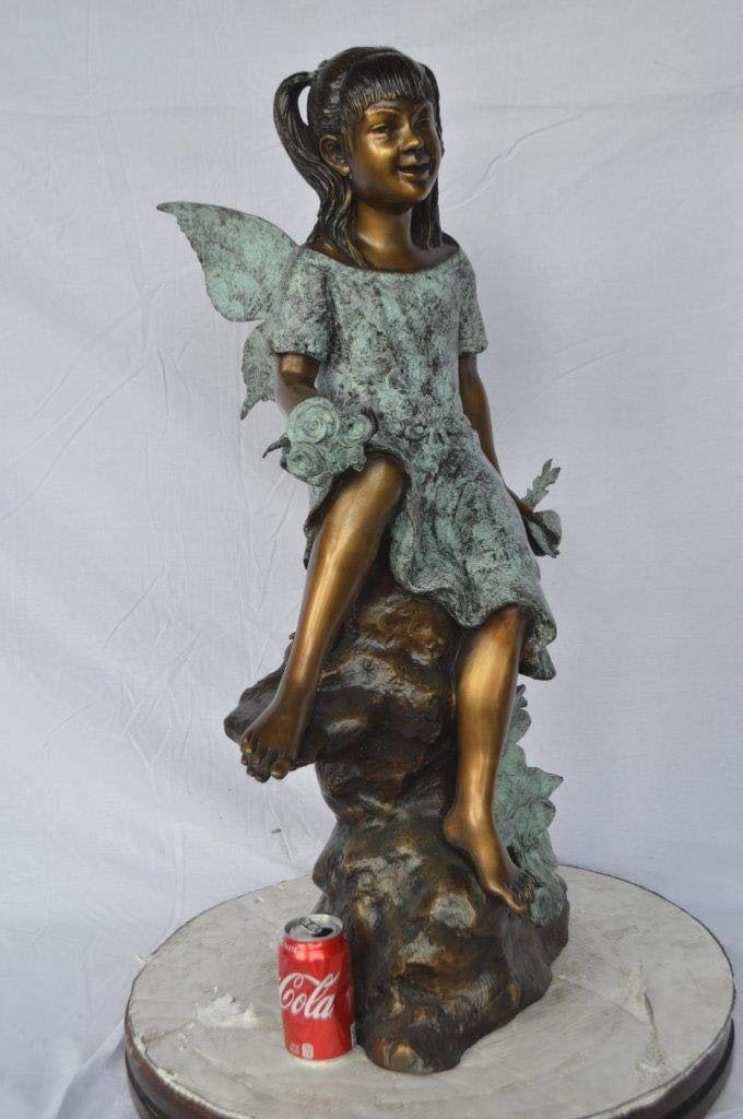 Angel girl sitting with a rose bronze statue - Size: 22"L x 27"W x 37"H. - 5