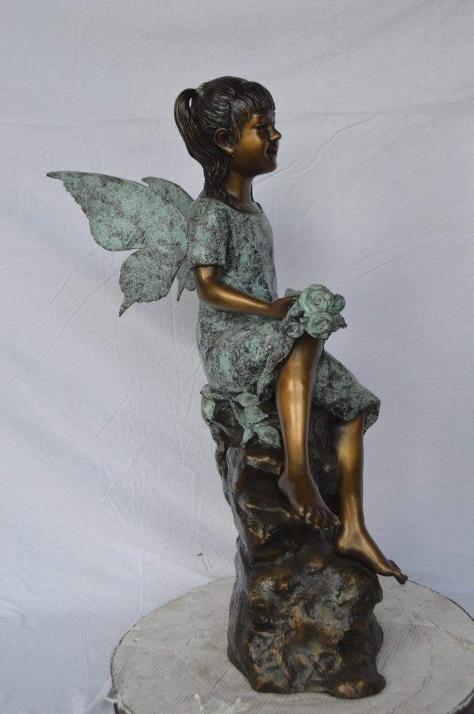 Angel girl sitting with a rose bronze statue - Size: 22"L x 27"W x 37"H. - 6