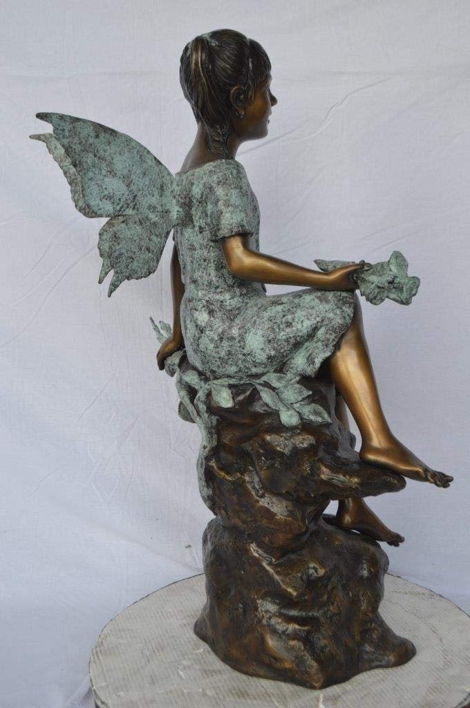 Angel girl sitting with a rose bronze statue - Size: 22"L x 27"W x 37"H. - 7