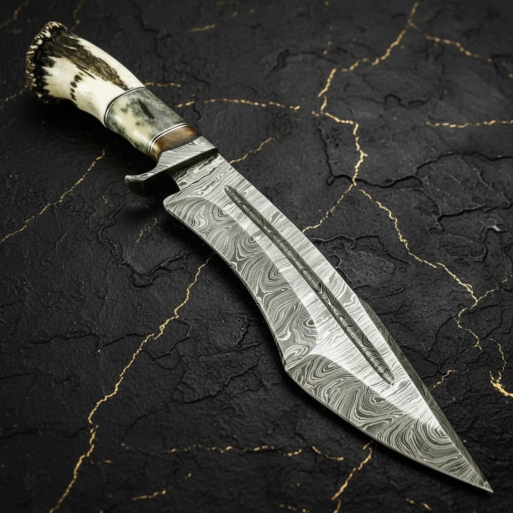 Handmade Damascus Bowie Knife, Bone and Crown Handle, Custom Fixed Blade (1 of 4)