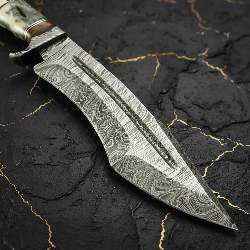 Handmade Damascus Bowie Knife, Bone and Crown Handle, Custom Fixed Blade - 2