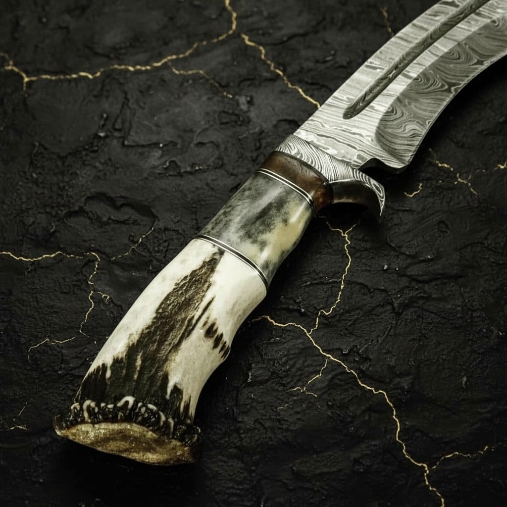 Handmade Damascus Bowie Knife, Bone and Crown Handle, Custom Fixed Blade - 3