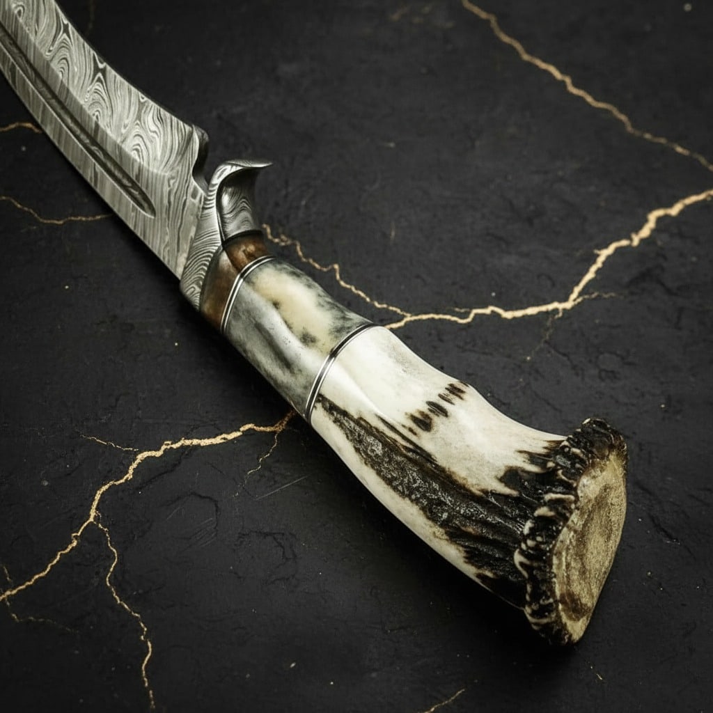 Handmade Damascus Bowie Knife, Bone and Crown Handle, Custom Fixed Blade - 4
