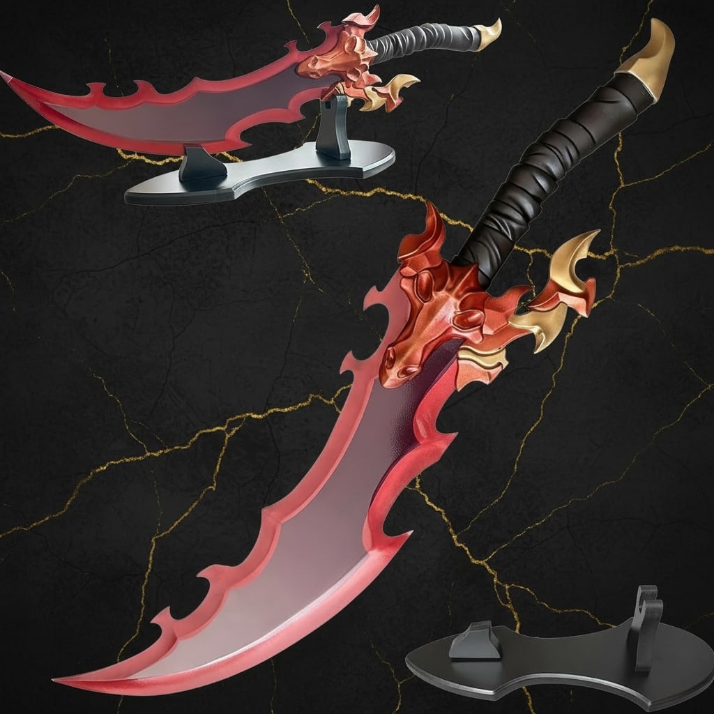 25" Stainless Steel Fantasy Blade Replica with Display Stand Anime Weapon: Title:25" Stainless Steel Fantasy Blade Replica with Display Stand Anime Weapon Description:This is a high-quality replica of the Demon King Baran's sword from the Solo Leveling universe. It is constr
