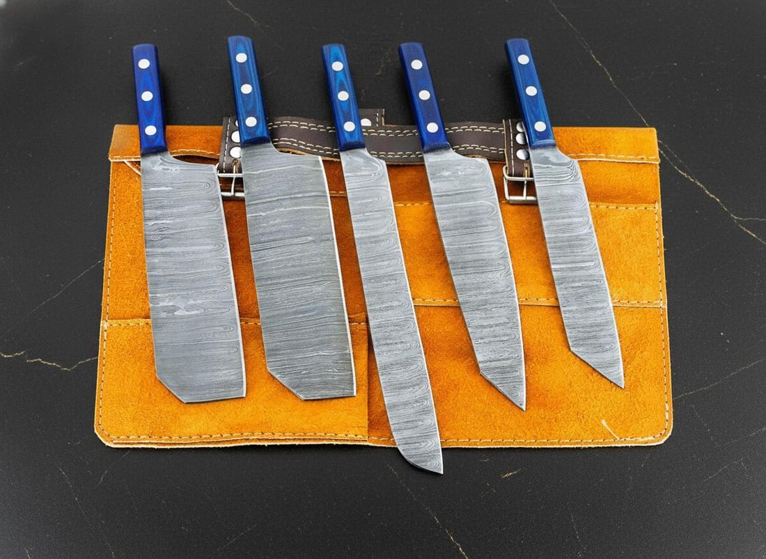 Hand Forged Damascus Steel 5-Piece Chef Knife Set with Pakkawood Handles and Leather Sheath - 3