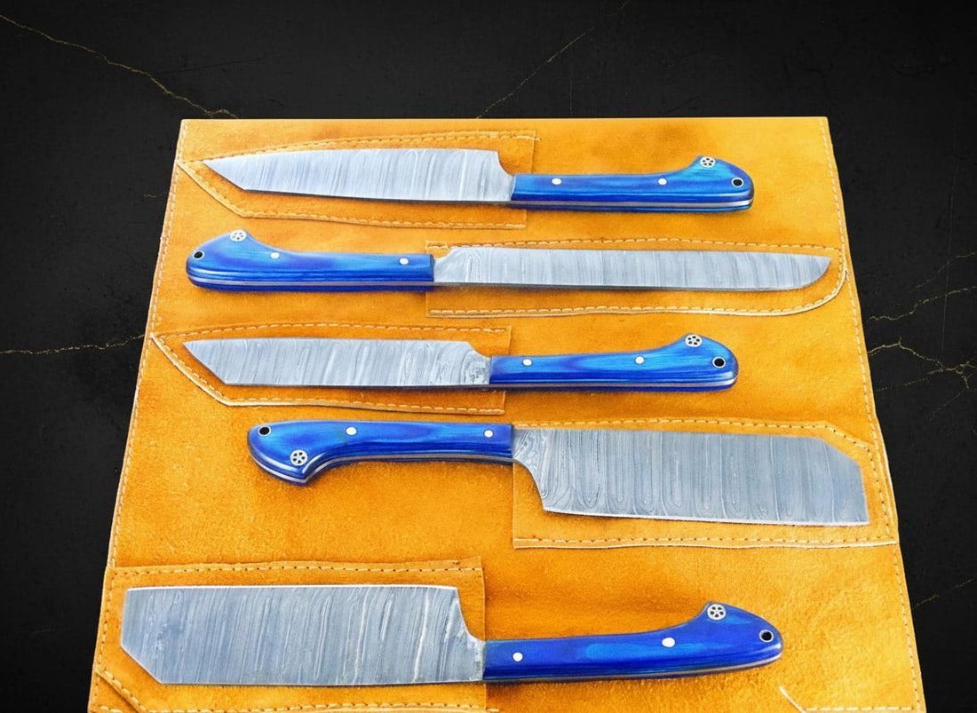 Hand Forged Damascus Steel 5-Piece Chef Knife Set with Pakkawood Handles and Leather Sheath - 4