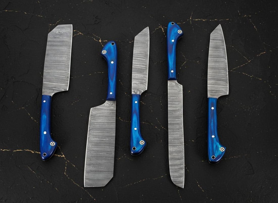 Hand Forged Damascus Steel 5-Piece Chef Knife Set with Pakkawood Handles and Leather Sheath - 5