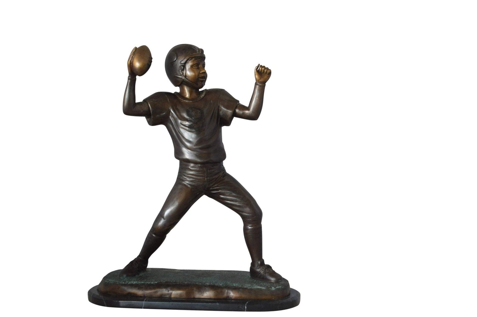 Young Quarterback bronze statue - Size: 14"L x 6"W x 20"H.: Title:Young Quarterback bronze statue - Size: 14"L x 6"W x 20"H. Description:This bronze statue of a young quarterback feels as it is almost in motion as he throws his touchdown in sight. The artist m