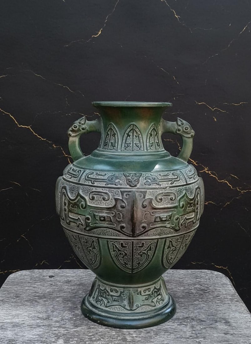 Heavy Dragon Handle Vase, Detailed Chinese Metal Art, Greenish Bronze Finish: Title:Heavy Dragon Handle Vase, Detailed Chinese Metal Art, Greenish Bronze Finish Description:Offered is a very detailed Chinese metal vase with ornate dragon handles. This is a heavy piece that has 