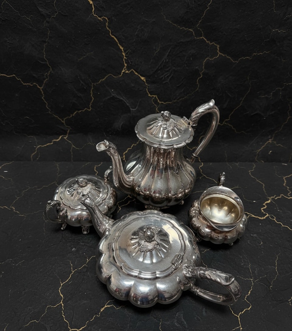 4 Pc Silver Plated Coffee and Tea Service Melon Pattern Sheffield Style Set - 2