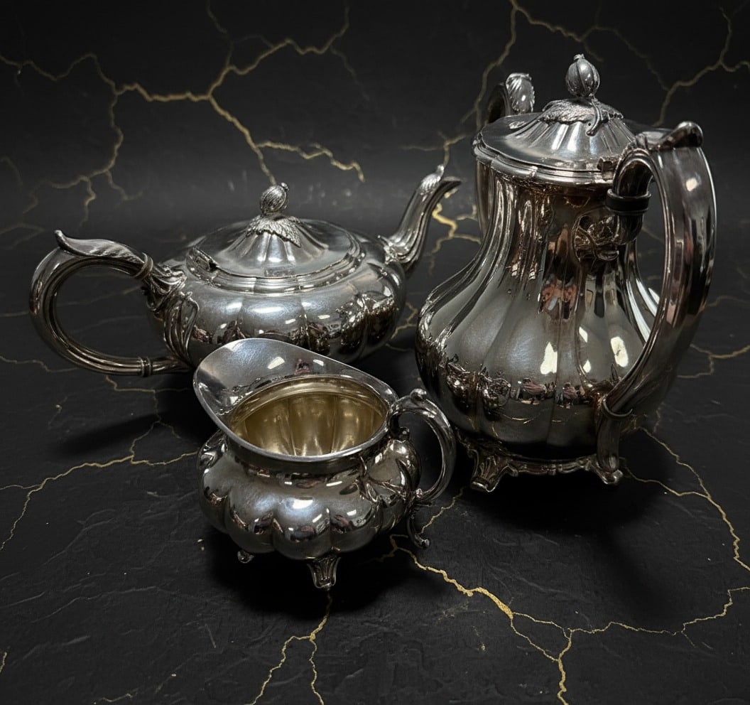 4 Pc Silver Plated Coffee and Tea Service Melon Pattern Sheffield Style Set - 4
