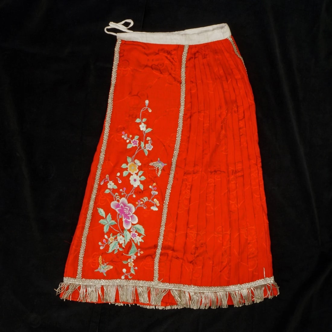 1920s Chinese Red Silk Skirt w/ Metal Fringe - 2