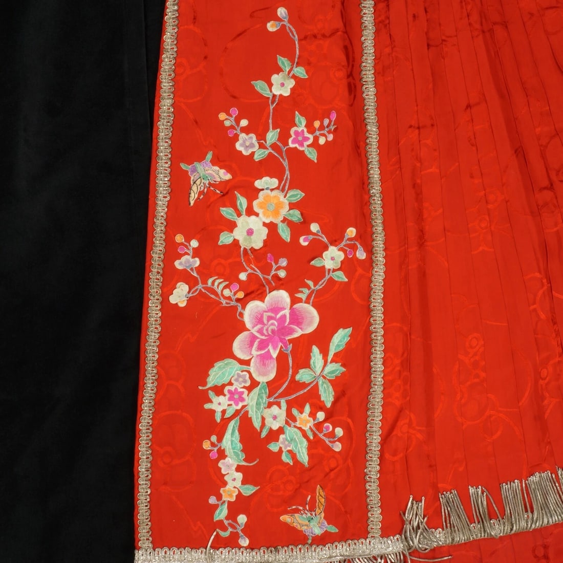 1920s Chinese Red Silk Skirt w/ Metal Fringe - 3