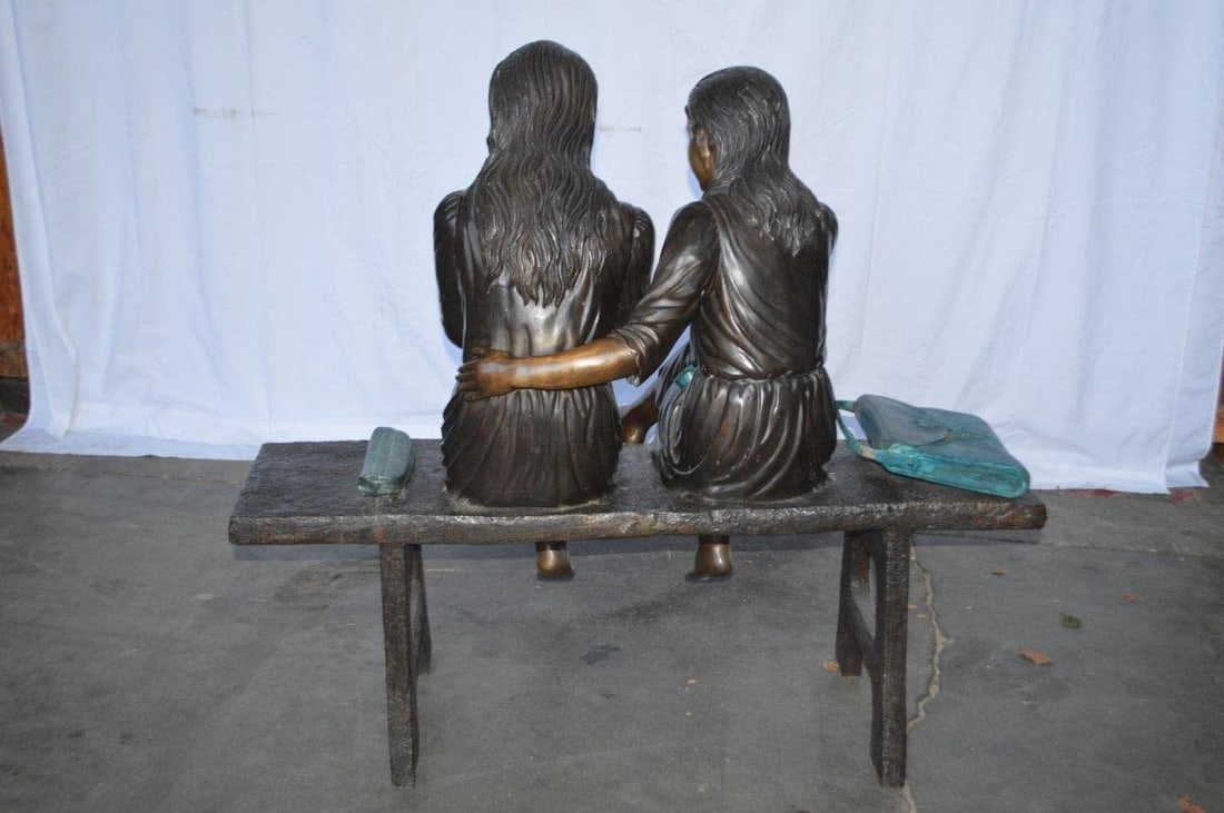 Two Schoolgirls Sitting On a Bench Bronze Statue - Size: 45"L x 24"W x 41"H. - 11