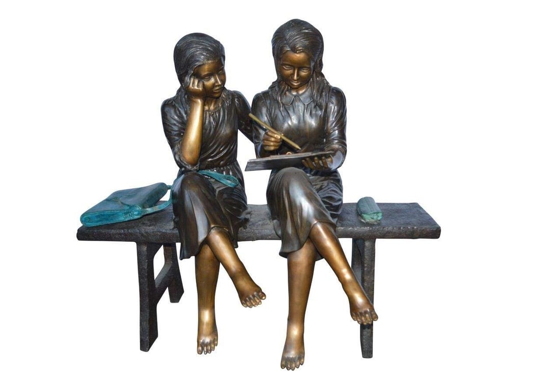 Two Schoolgirls Sitting On a Bench Bronze Statue - Size: 45"L x 24"W x 41"H. (1 of 11)