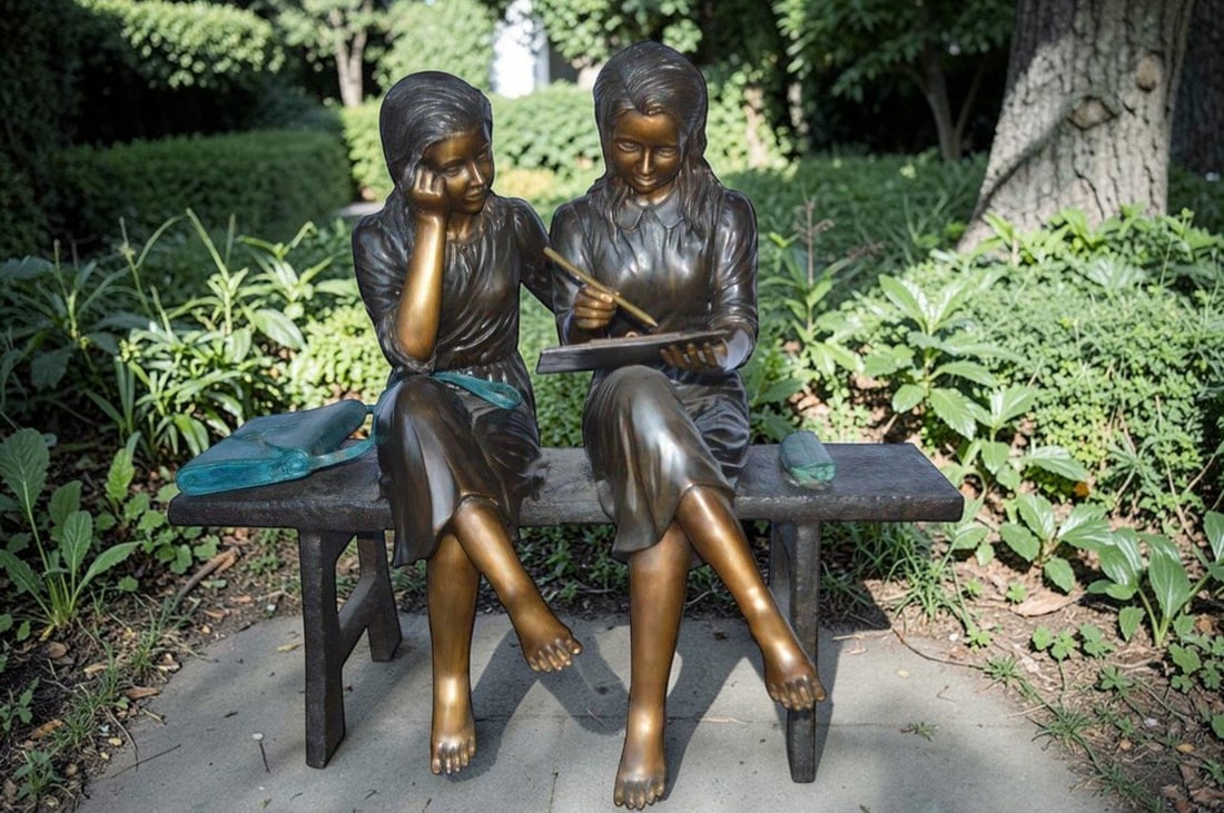 Two Schoolgirls Sitting On a Bench Bronze Statue - Size: 45"L x 24"W x 41"H. - 2