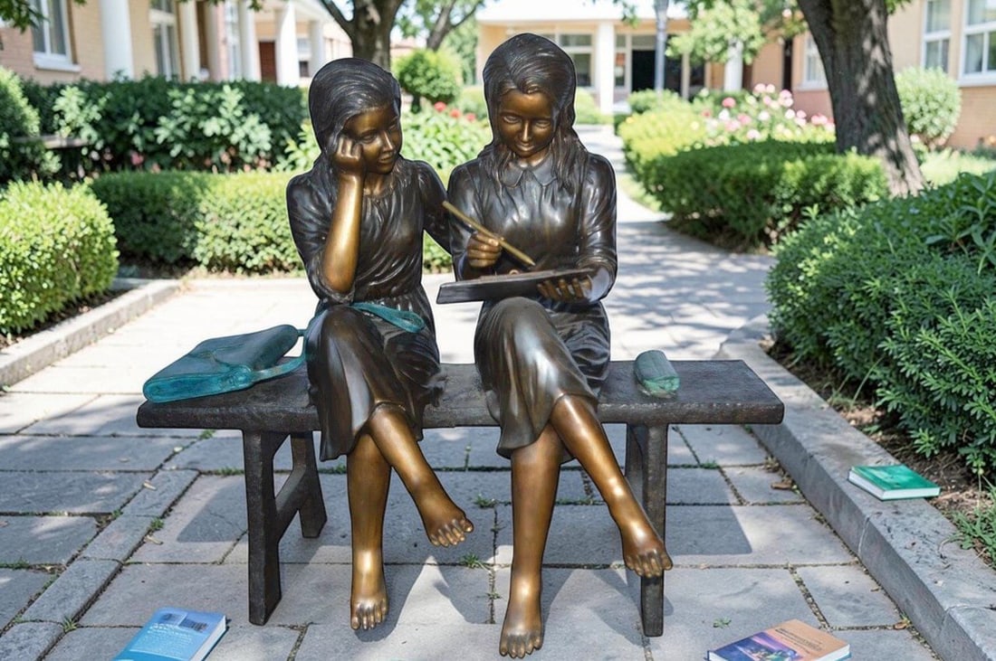 Two Schoolgirls Sitting On a Bench Bronze Statue - Size: 45"L x 24"W x 41"H. - 4