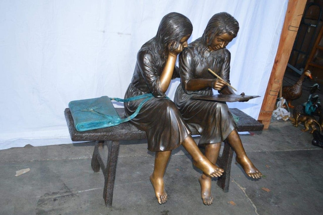Two Schoolgirls Sitting On a Bench Bronze Statue - Size: 45"L x 24"W x 41"H. - 7