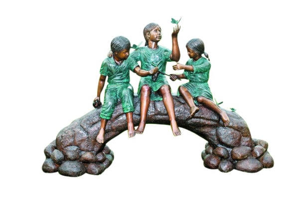 Three Kids Playing With Butterflies Bronze Statue - Size: 70"L x 25"W x 45"H.: Title:Three Kids Playing With Butterflies Bronze Statue - Size: 70"L x 25"W x 45"H. Description:This is a large size bronze statue of three children sitting on an exquisitely detailed log. This