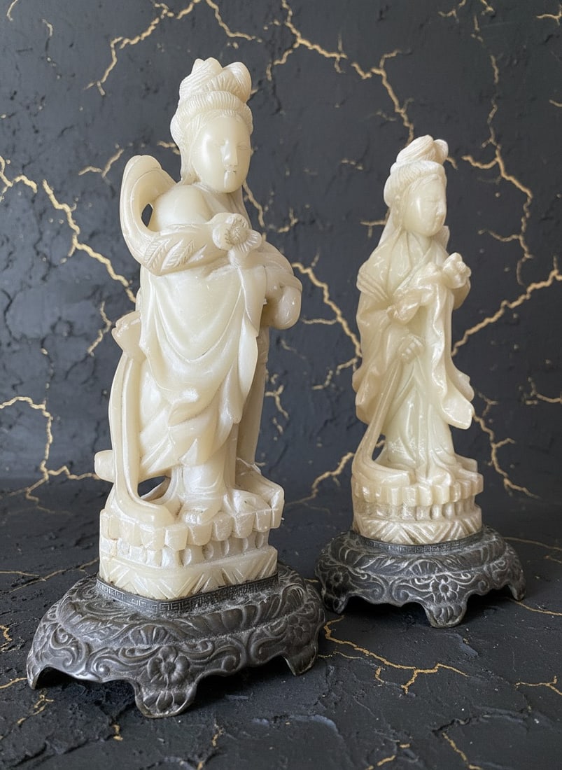 Pair of Vintage Chinese Soapstone Guanyin Figures Mounted as Bronze Lamps: Title:Pair of Vintage Chinese Soapstone Guanyin Figures Mounted as Bronze Lamps Description:This elegant pair of large Guanyin stone carvings is presented on custom bronze bases. Originally repurposed