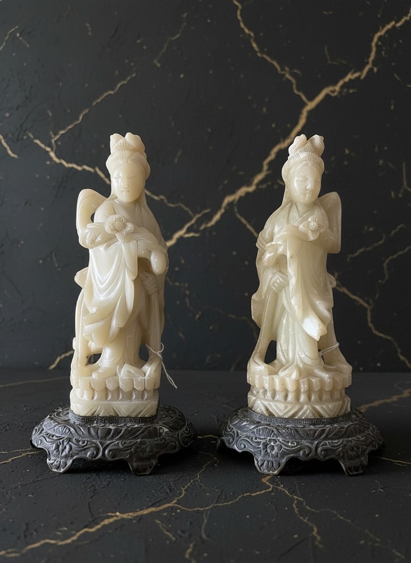 Pair of Vintage Chinese Soapstone Guanyin Figures Mounted as Bronze Lamps - 2