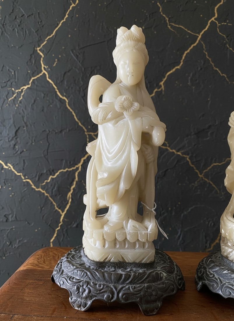 Pair of Vintage Chinese Soapstone Guanyin Figures Mounted as Bronze Lamps - 3
