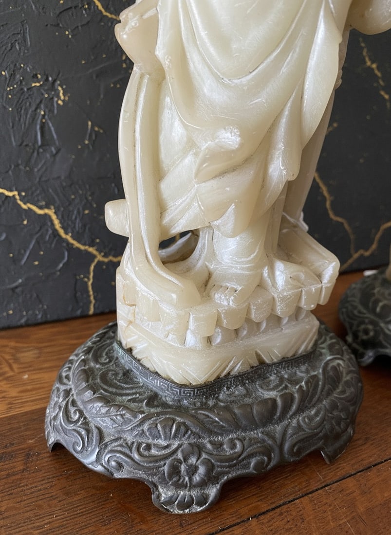 Pair of Vintage Chinese Soapstone Guanyin Figures Mounted as Bronze Lamps - 4