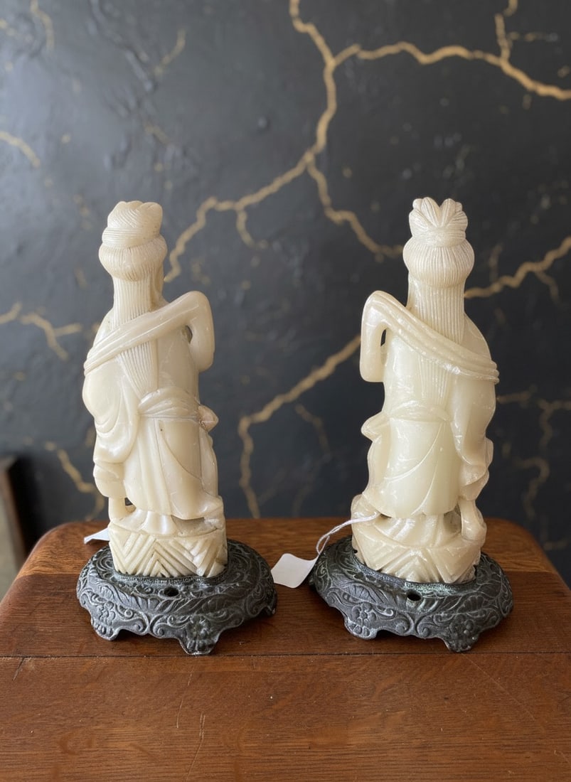 Pair of Vintage Chinese Soapstone Guanyin Figures Mounted as Bronze Lamps - 5