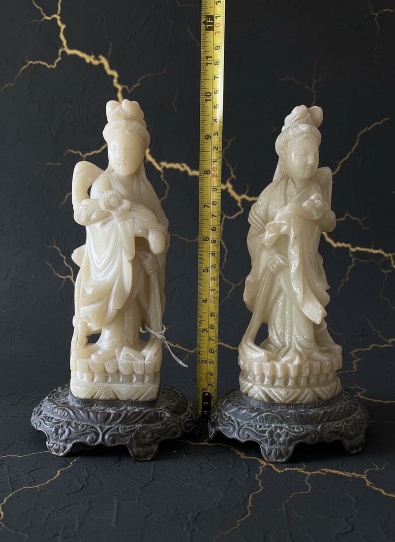 Pair of Vintage Chinese Soapstone Guanyin Figures Mounted as Bronze Lamps - 7