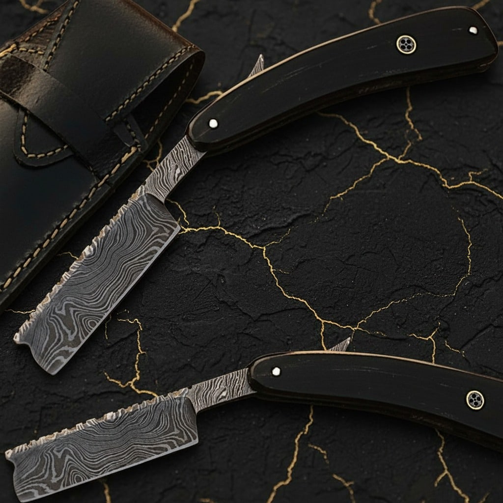 Hand-Forged Damascus Steel Straight Razor, Genuine Buffalo Horn Handle (1 of 1)