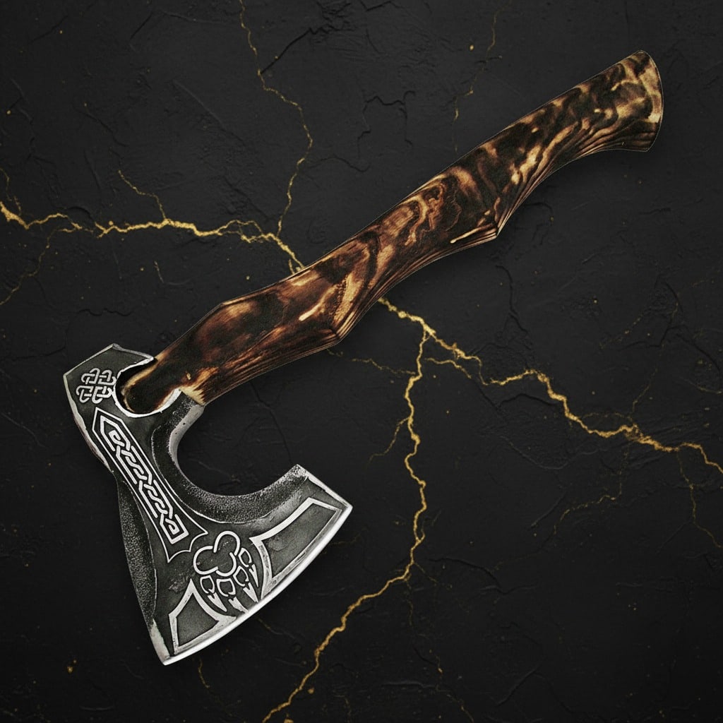 Hand-Forged Etched Steel Hatchet Intricately Carved Battle Axe Tool: Title:Hand-Forged Etched Steel Hatchet Intricately Carved Battle Axe Tool Description:This hand-forged White Deer Viking axe features a custom claw-etched head crafted from high carbon steel. Each pie