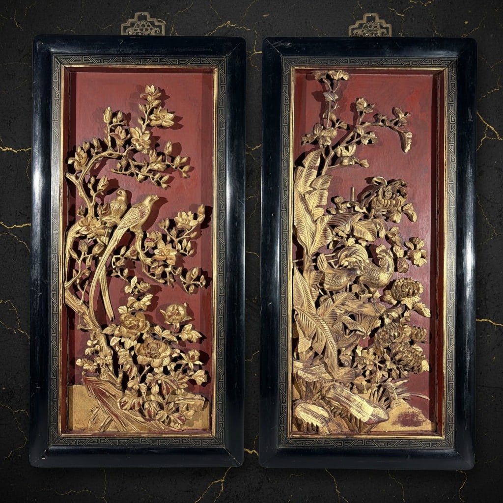 Vintage Gilded Resin Wall Panels Asian Relief Carvings Pair Gold Tone Decor (1 of 12)