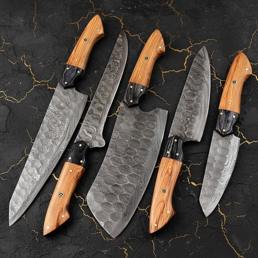 Hand-Forged Damascus Steel Kitchen Knife Set Professional Culinary Cutlery (1 of 5)