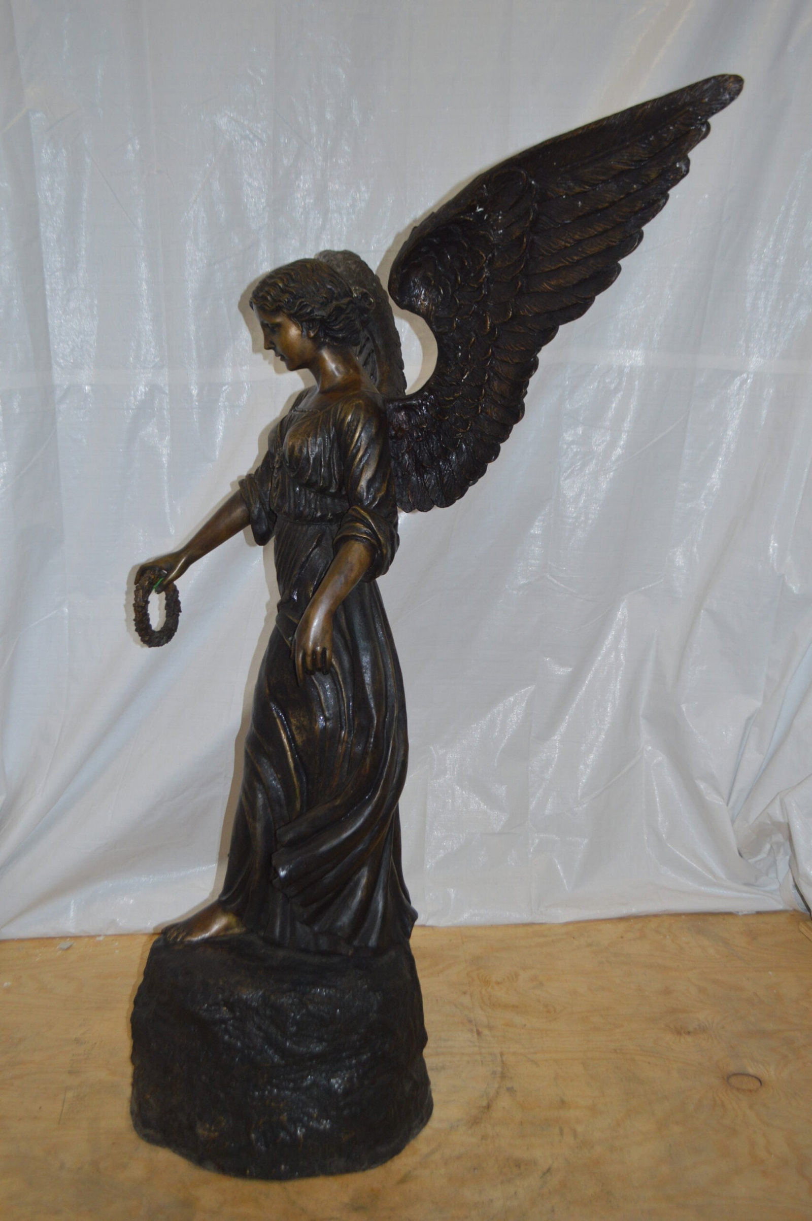 Angel Standing on a Rock Bronze Statue - Size: 60"L x 36"W x 71"H. - 4